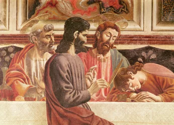 Das letzte Abendmahl, Detail von Heiligen Johannes und Petrus, Christus und Judas, 1447 (Detail)